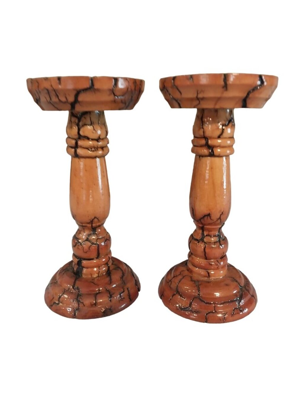 Unique Persimmon Wood Candle Holders With Black Crackle Details Signed By Artist